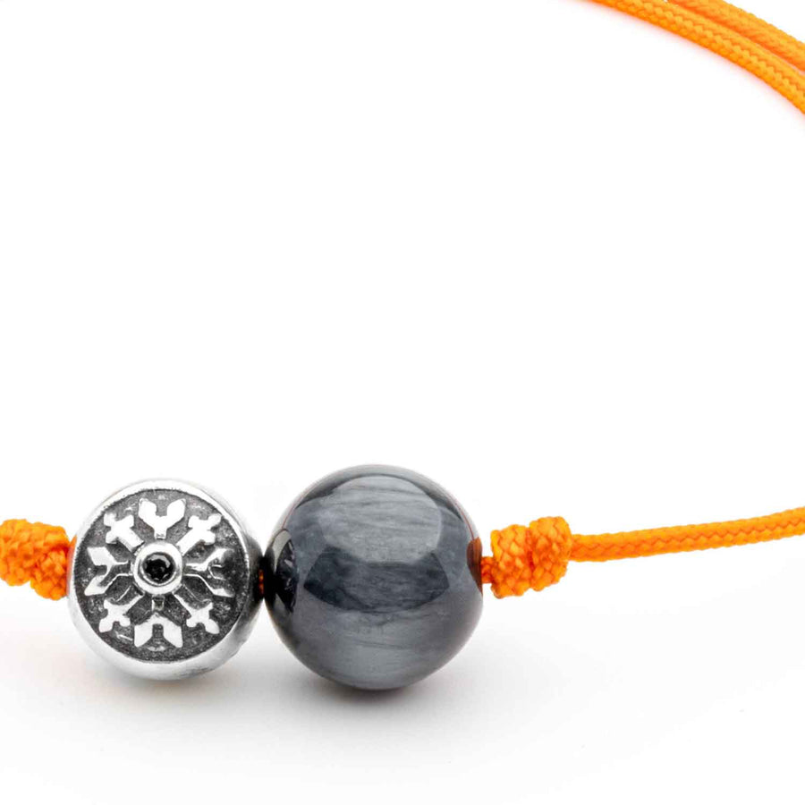 Dulgero Orb Bracelet: Handcrafted Grey Cat's Eye Gemstone and Silver Logo Bead