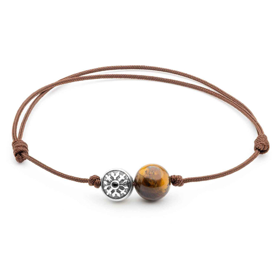 Dulgero Orb Bracelet: Handcrafted Tiger’s Eye Gemstone and Silver Logo Bead