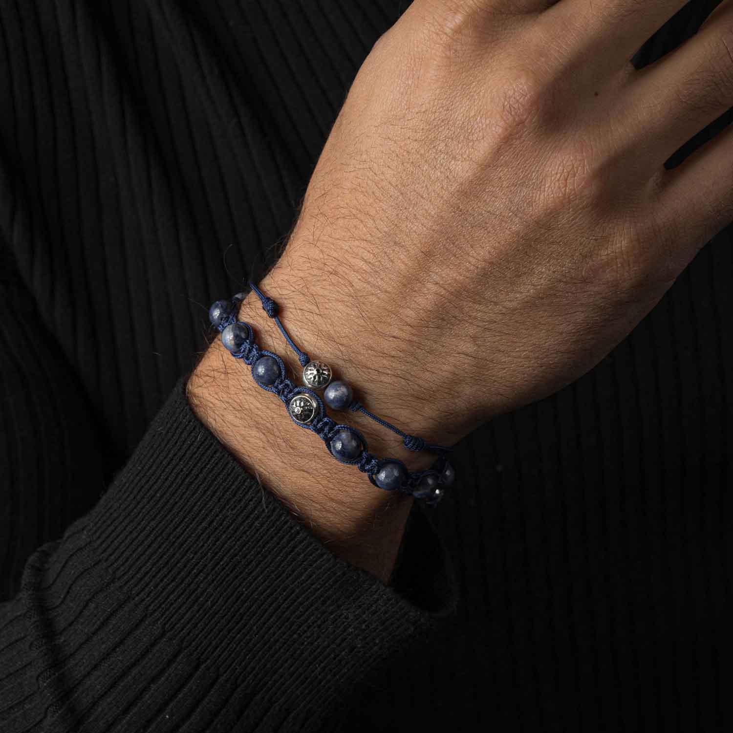 Dulgero Orb Bracelet: Handcrafted Dark Blue Sapphire Gemstone and Silver Logo Bead