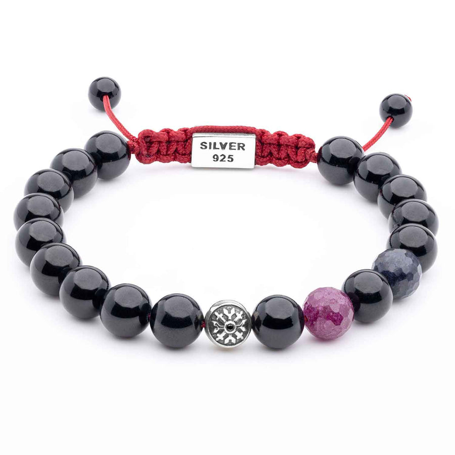 Handmade Beaded Bracelet with Black Tourmaline and Faceted Ruby and featuring Silver Elements