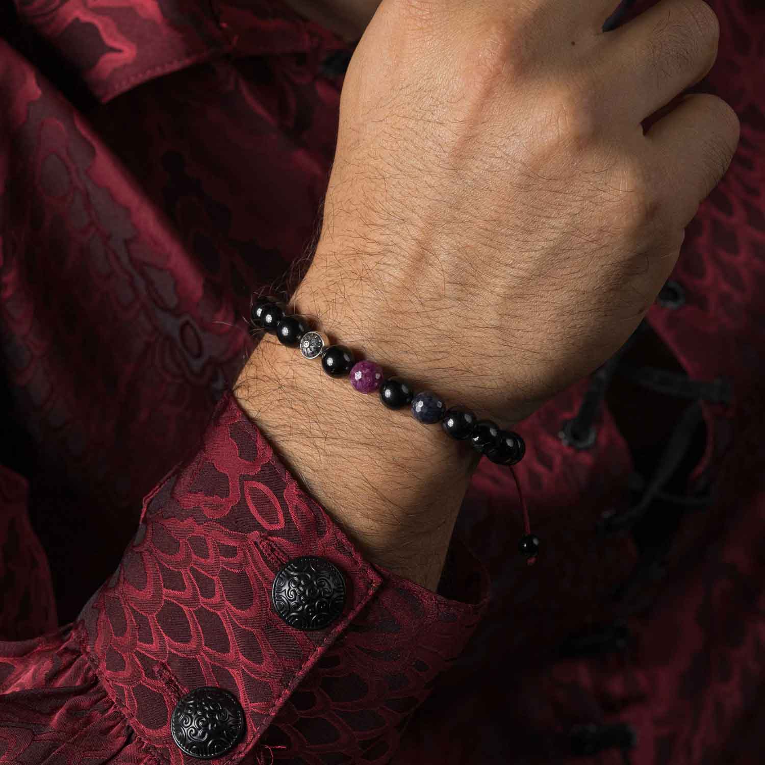 Handmade Beaded Bracelet with Black Tourmaline and Faceted Ruby and featuring Silver Elements