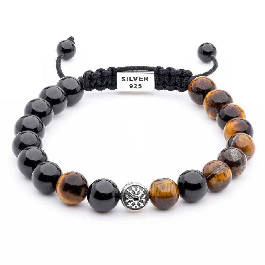 Handmade Beaded Bracelet with Black Tourmaline and Tiger Eye, Featuring Silver Elements