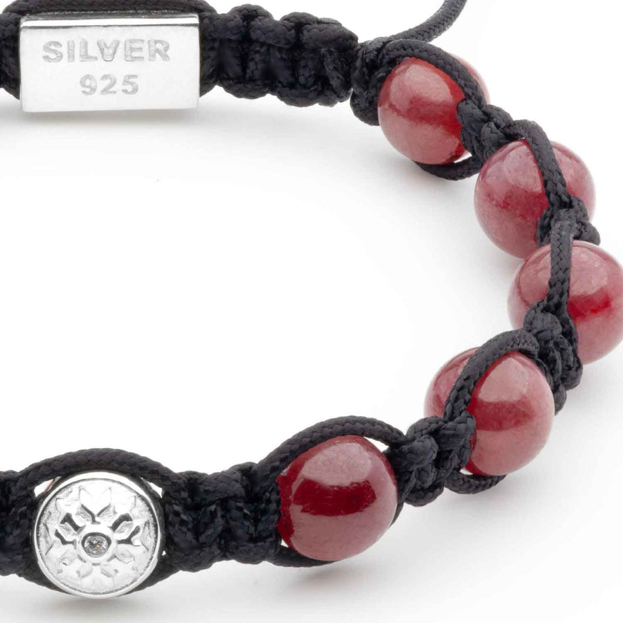 Premium Handmade Bracelet with Ruby Beads and Four Silver Elements