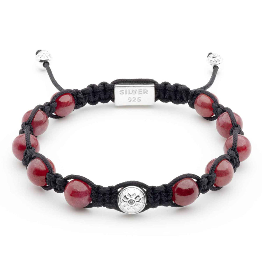 Premium Handmade Bracelet with Ruby Beads and Four Silver Elements