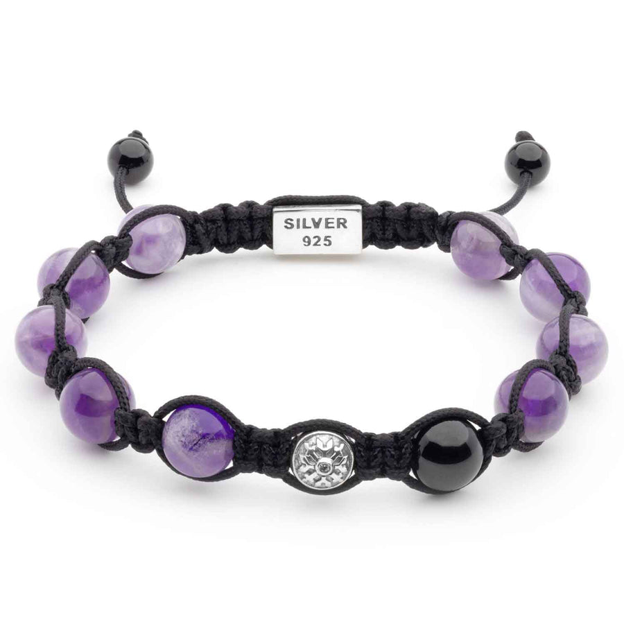 Handmade Shamballa Bracelet with Amethyst, Black Tourmaline, Dual Silver Elements