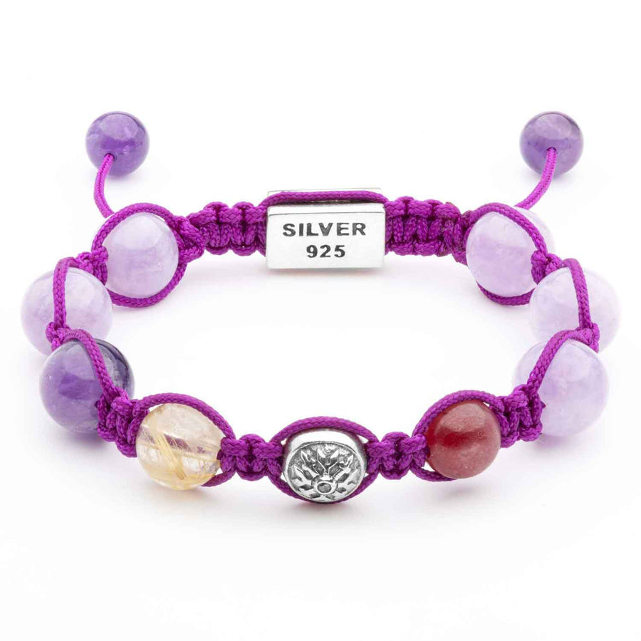 Handmade Braided Shamballa Bracelet with Amethyst, Ruby, and Silver Elements