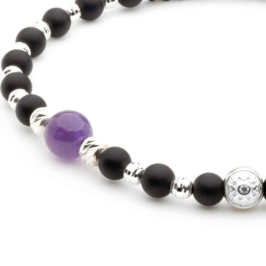 Premium Beaded Bracelet with Silver Elements, Black Onyx, and Amethyst