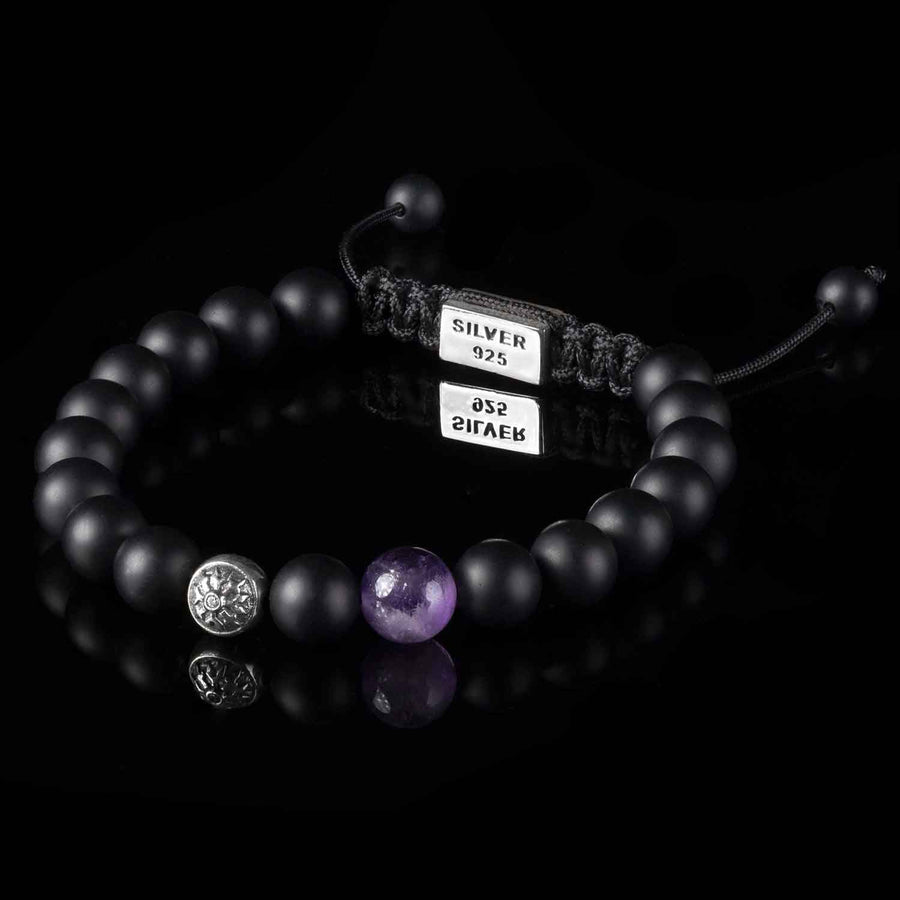 Handmade Beaded Bracelet with Black Onyx and Amethyst, featuring Silver Elements