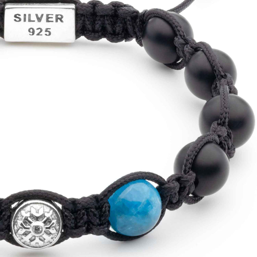 Handcrafted Bracelet with Onyx, Blue Apatite and Dual Silver Elements