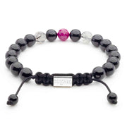 Handmade Beaded Bracelet with Ruby, Black Rutilated Quartz, Black Tourmaline  and Silver Closure