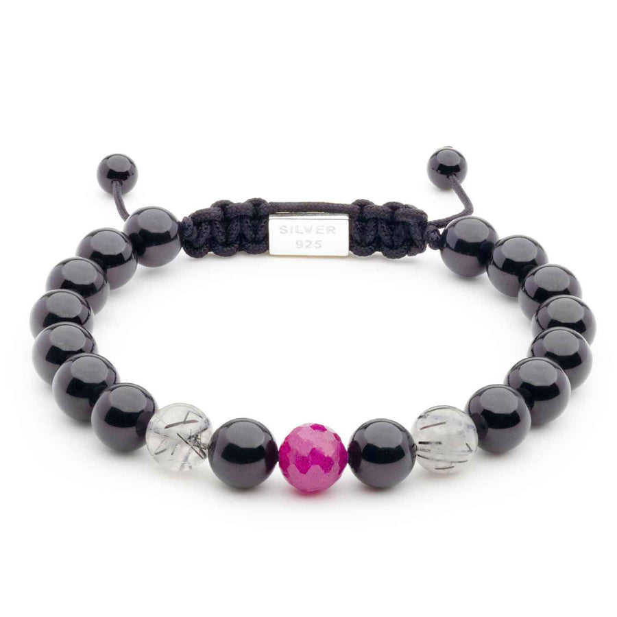 Handmade Beaded Bracelet with Ruby, Black Rutilated Quartz, Black Tourmaline  and Silver Closure