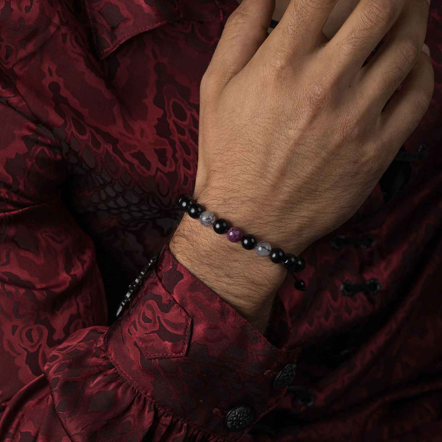 Handmade Beaded Bracelet with Ruby, Black Rutilated Quartz, Black Tourmaline  and Silver Closure