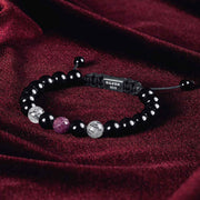 Handmade Beaded Bracelet with Ruby, Black Rutilated Quartz, Black Tourmaline  and Silver Closure