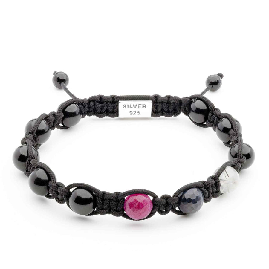 Handmade Bracelet with Black Tourmaline, Ruby, Sapphire, Rutilated Quartz, and Silver Closure