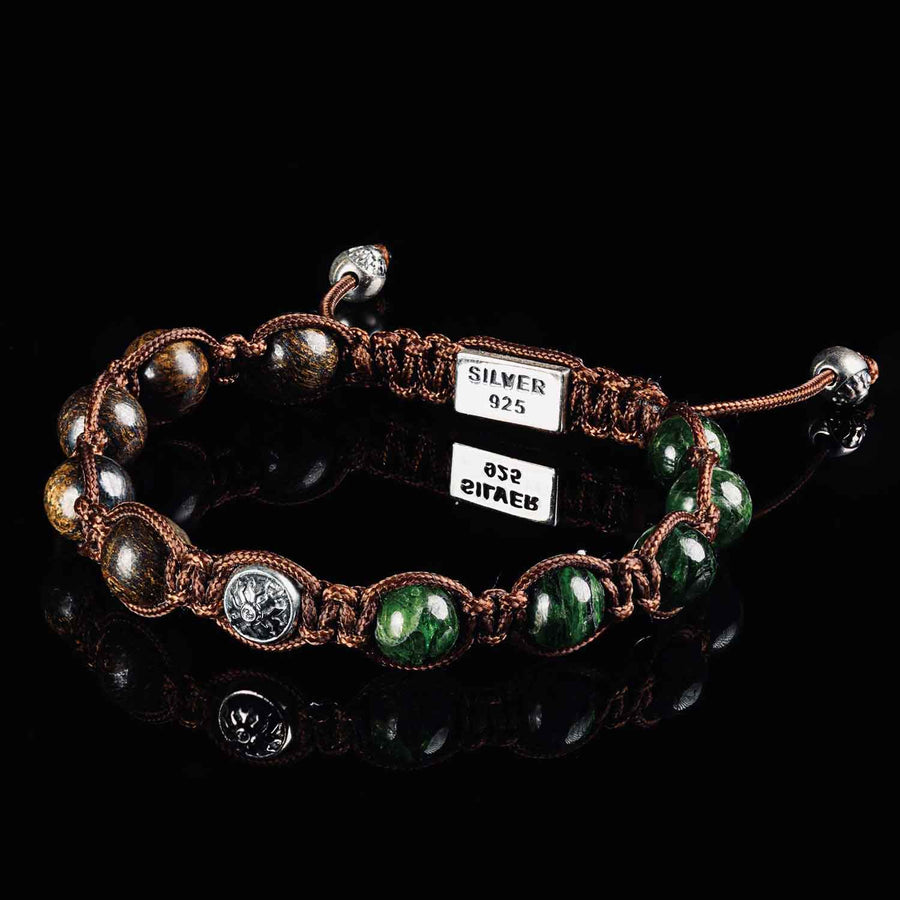 Exquisite Braided Bracelet with Bronzite, Diopside and Four Silver Elements