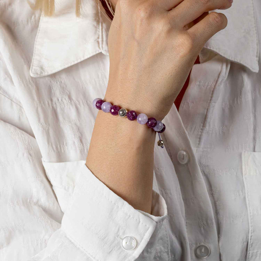 Handmade Beaded Bracelet with Faceted Ruby, Amethyst, and Silver Elements