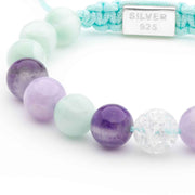 Handmade Beaded Bracelet with Green Angelite, Amethyst, Cracked Crystal, and Silver Closure