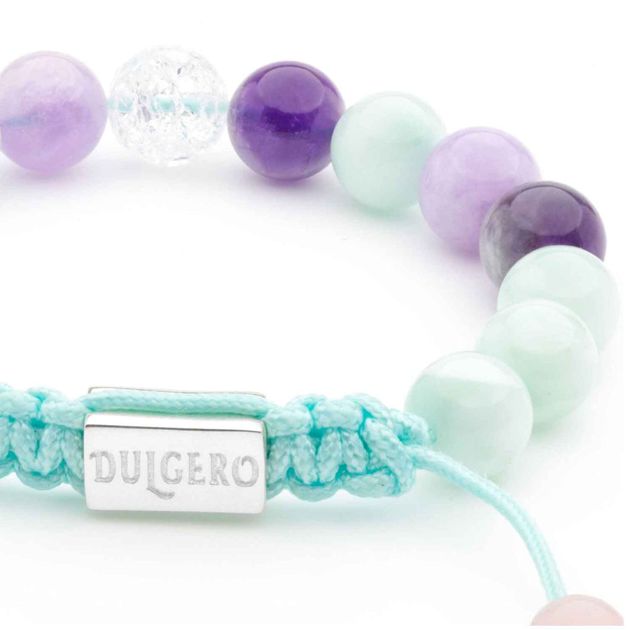 Handmade Beaded Bracelet with Green Angelite, Amethyst, Cracked Crystal, and Silver Closure