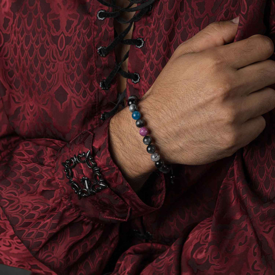 Handmade Beaded Bracelet with Grey Cat's Eye, Blue Apatite, Ruby, Rutilated Quartz, and Silver Closure