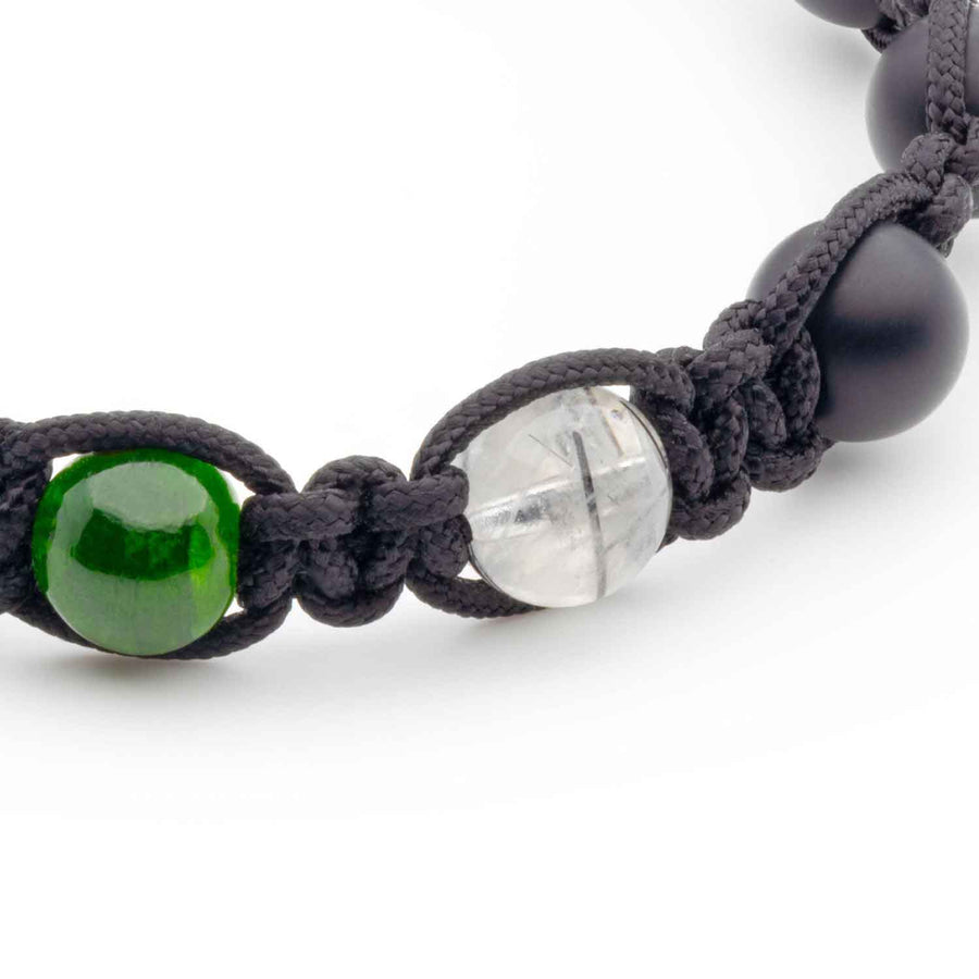 Handmade Bracelet with Onyx, Diopside, Black Rutilated Quartz, and Silver Closure