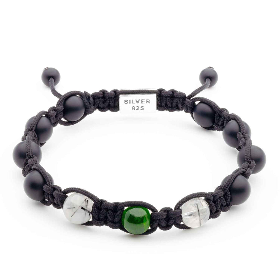 Handmade Bracelet with Onyx, Diopside, Black Rutilated Quartz, and Silver Closure