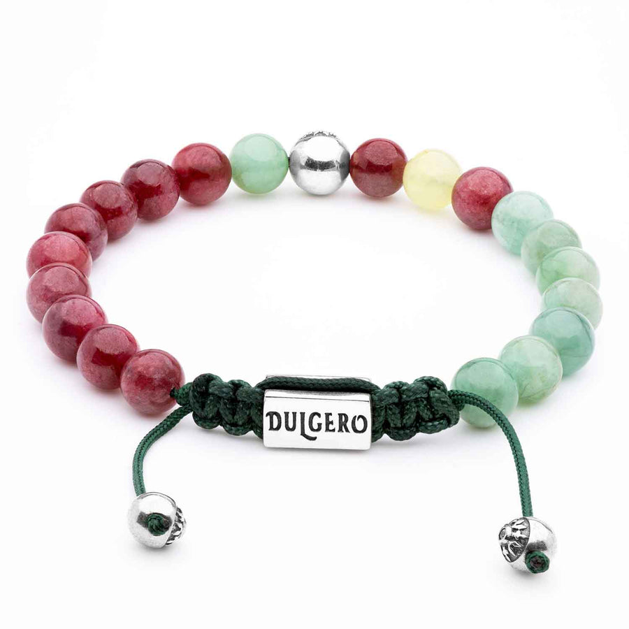 Handmade Beaded Bracelet with Ruby, Emerald, Golden Prehnite, and Silver Elements