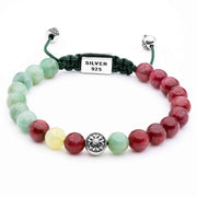 Handmade Beaded Bracelet with Ruby, Emerald, Golden Prehnite, and Silver Elements