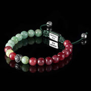 Handmade Beaded Bracelet with Ruby, Emerald, Golden Prehnite, and Silver Elements