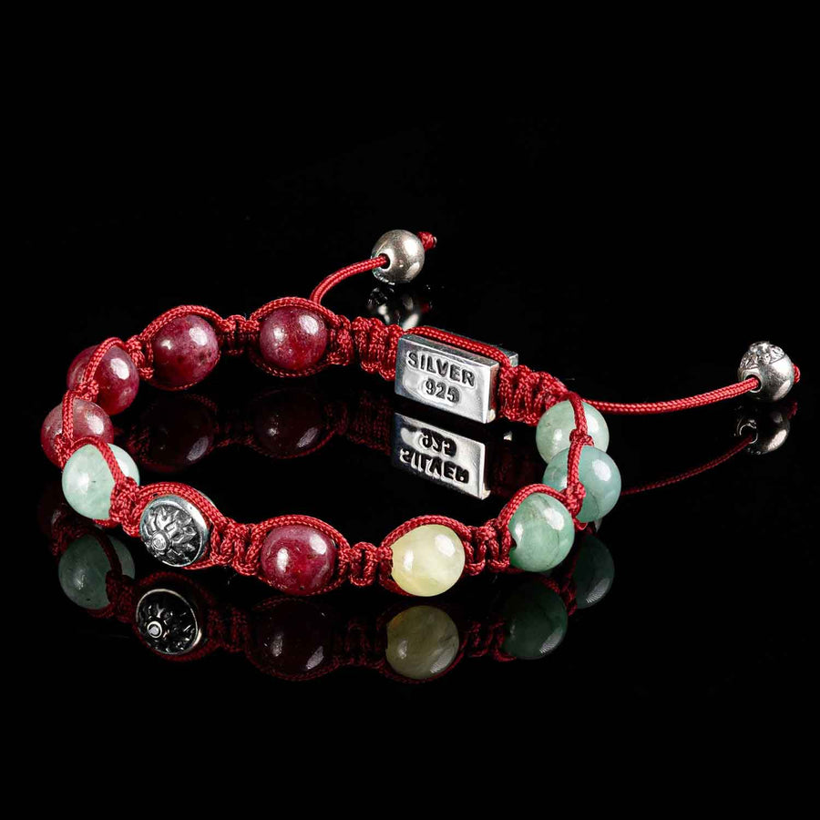 Handmade Braided Shamballa Bracelet with Ruby and Emerald and featuring Silver Elements