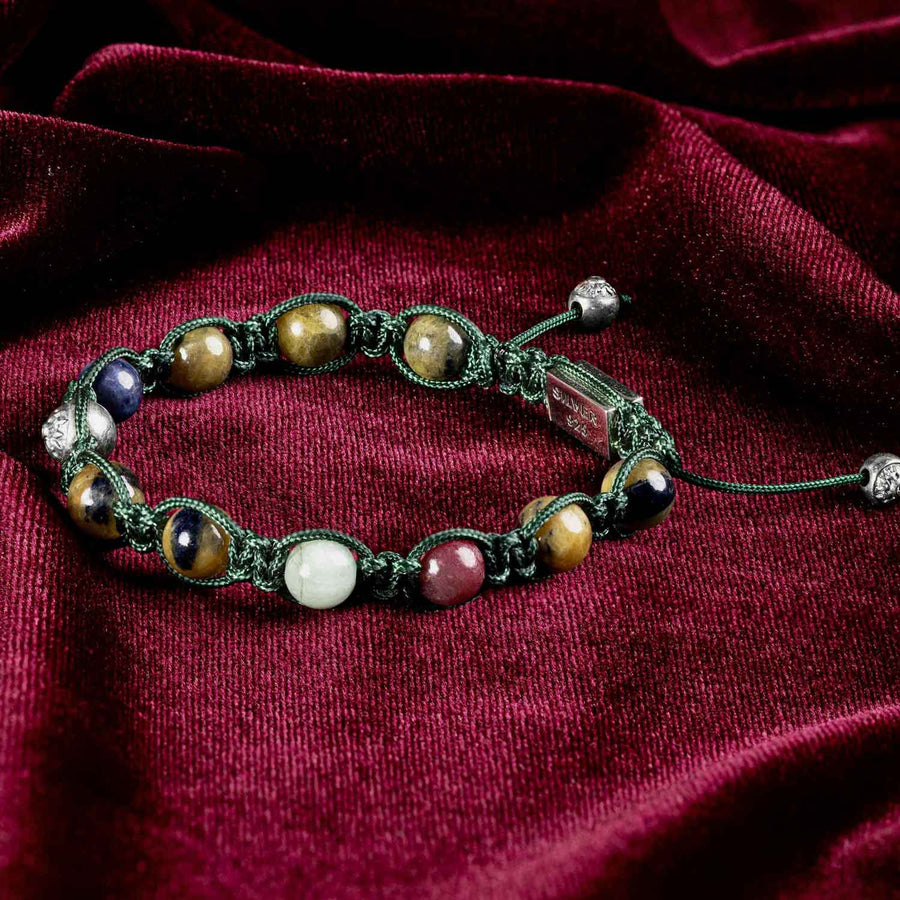 Premium Handcrafted Shamballa Bracelet with Sapphire, Ruby, Emerald, Four Silver Elements