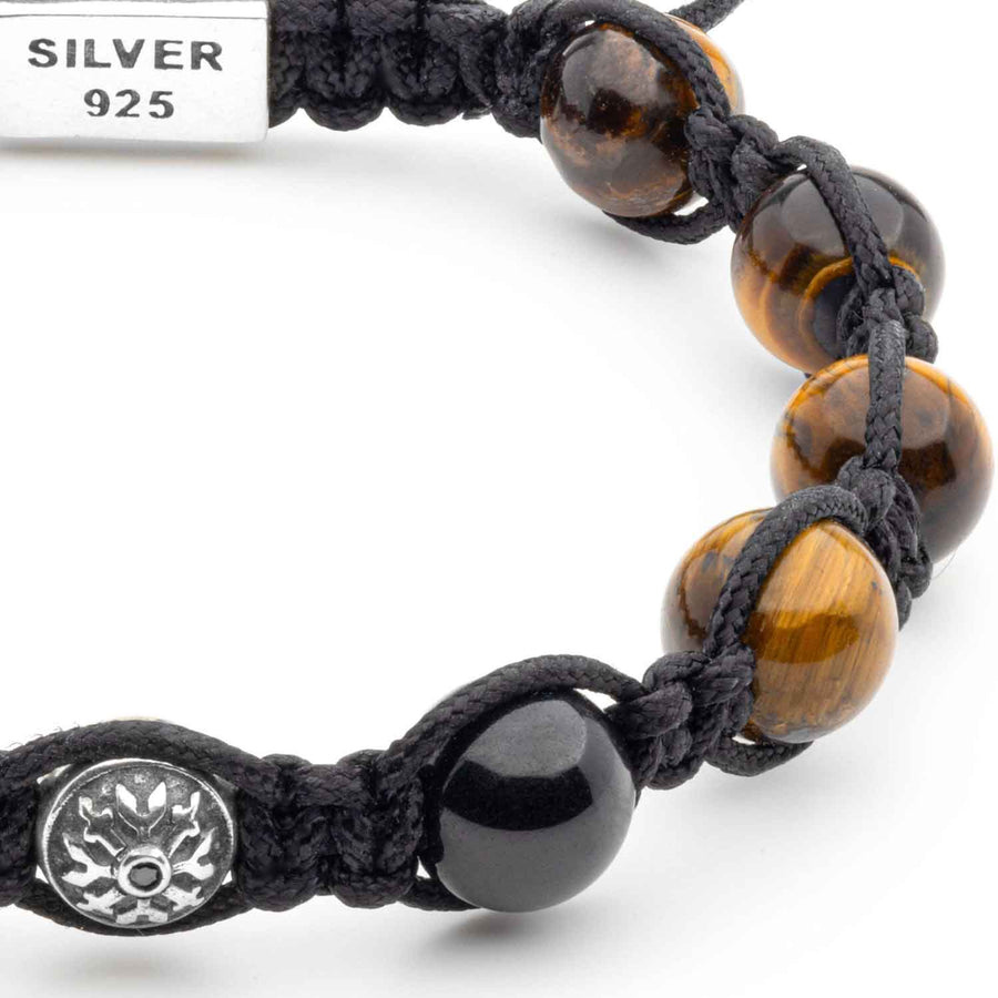 Sophisticated Braided Shamballa Bracelet with Tiger Eye, Black Tourmaline, and Dual Silver Elements