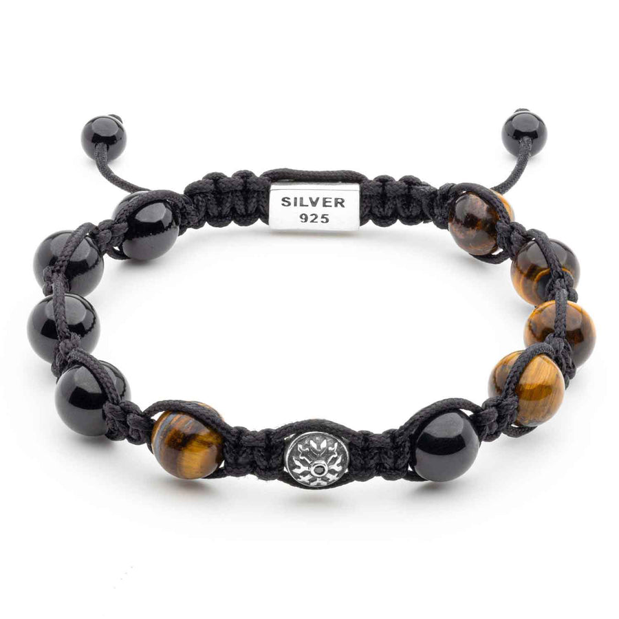 Sophisticated Braided Shamballa Bracelet with Tiger Eye, Black Tourmaline, and Dual Silver Elements