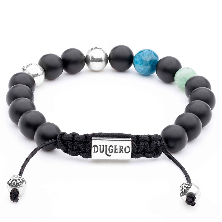 Handmade Beaded Bracelet with Black Onyx, Emerald, and Blue Apatite, featuring Silver Elements